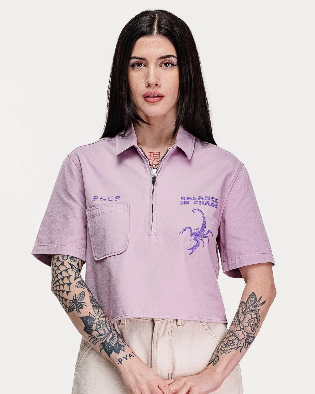 Balance In Chaos Half Zip Shirt - Mauve,Women Tops