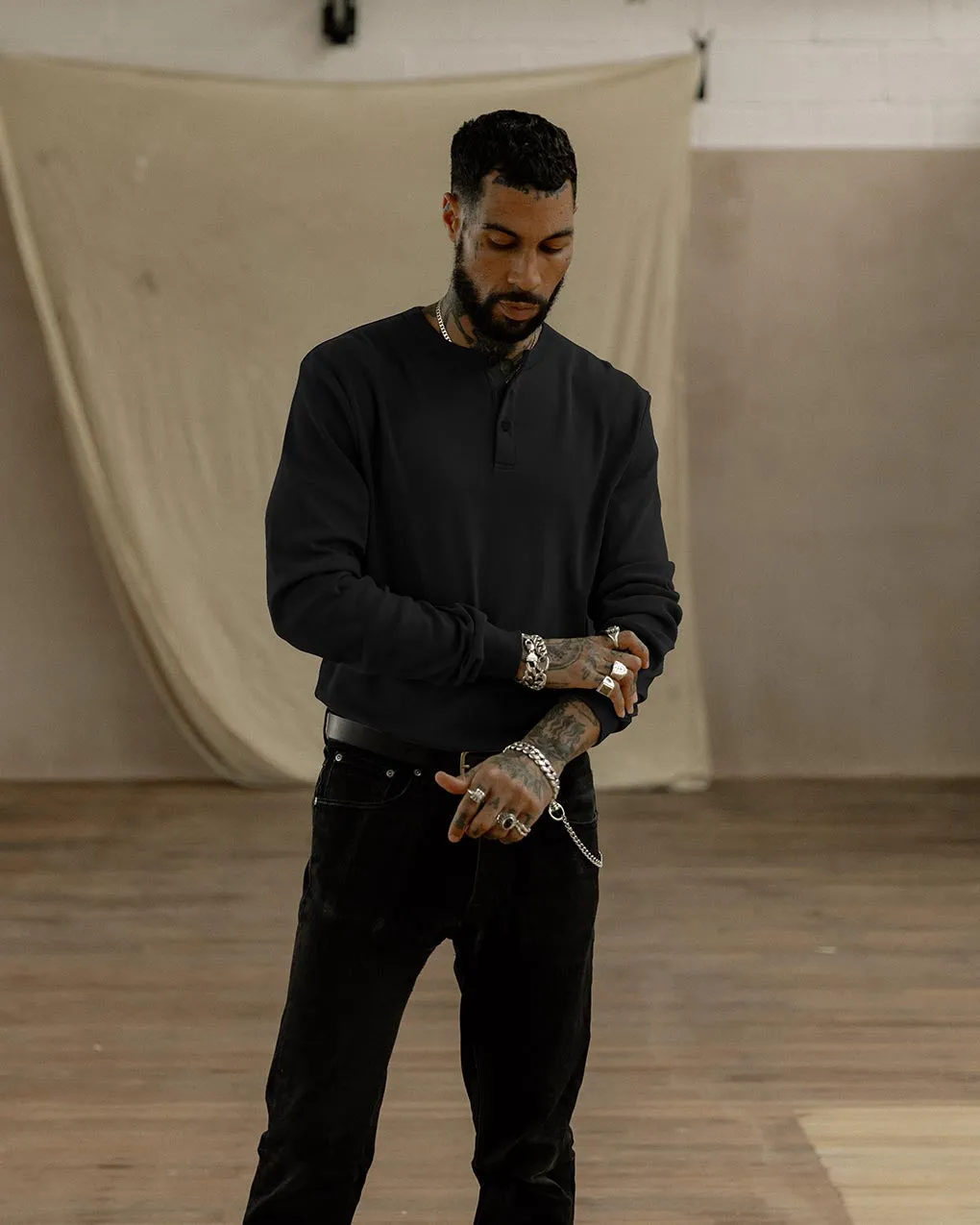 Crafted Heavyweight Henley - Black,Men Tops