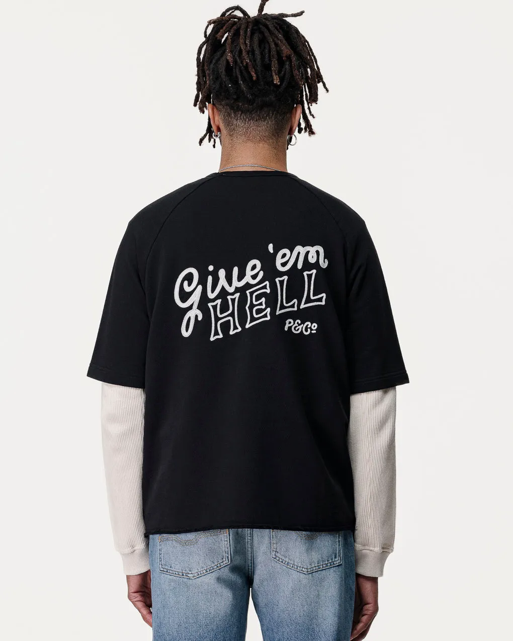Give 'Em Hell Short Sleeve Sweatshirt - Washed Black,Men Tops