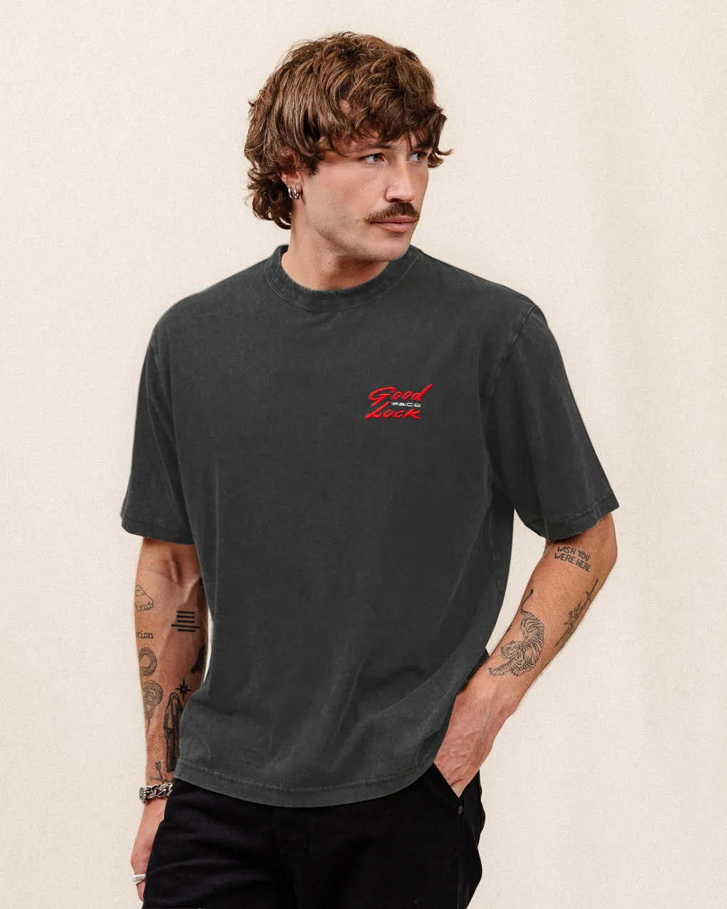 Good Luck Snake Boxy T-Shirt - Light Acid Wash,Men Tops