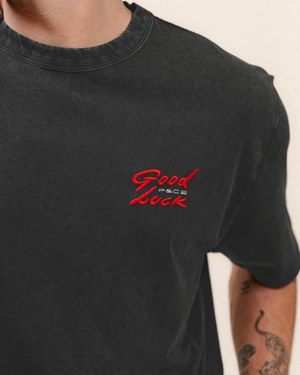 Good Luck Snake Boxy T-Shirt - Light Acid Wash,Men Tops