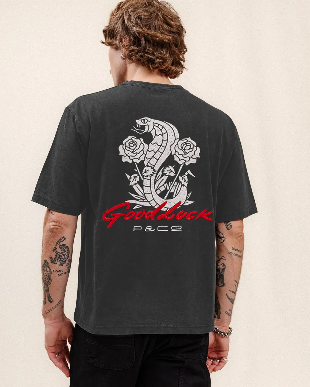Good Luck Snake Boxy T-Shirt - Light Acid Wash,Men Tops