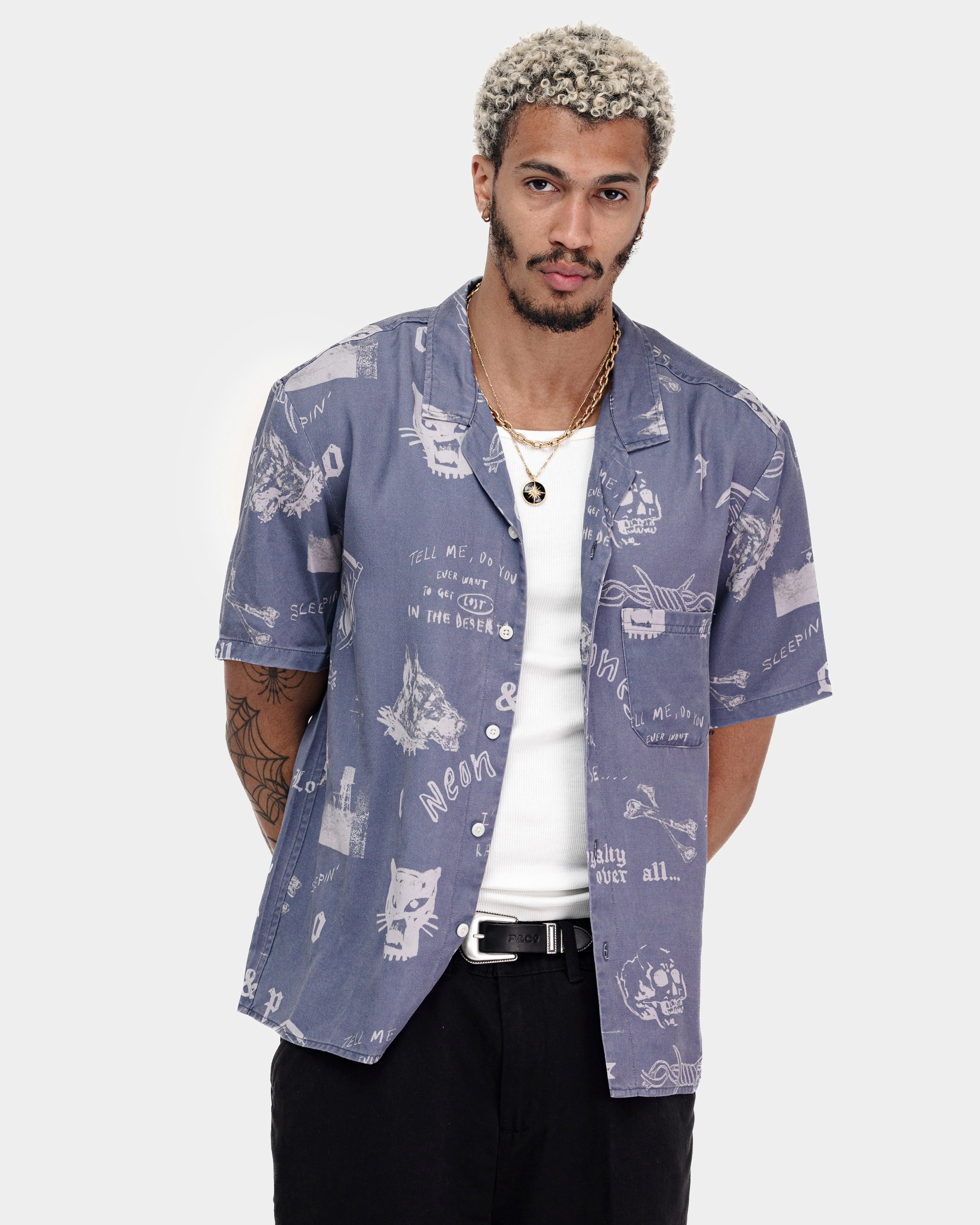 Neon Bones Bowling Shirt - Smoke Blue,Men Tops
