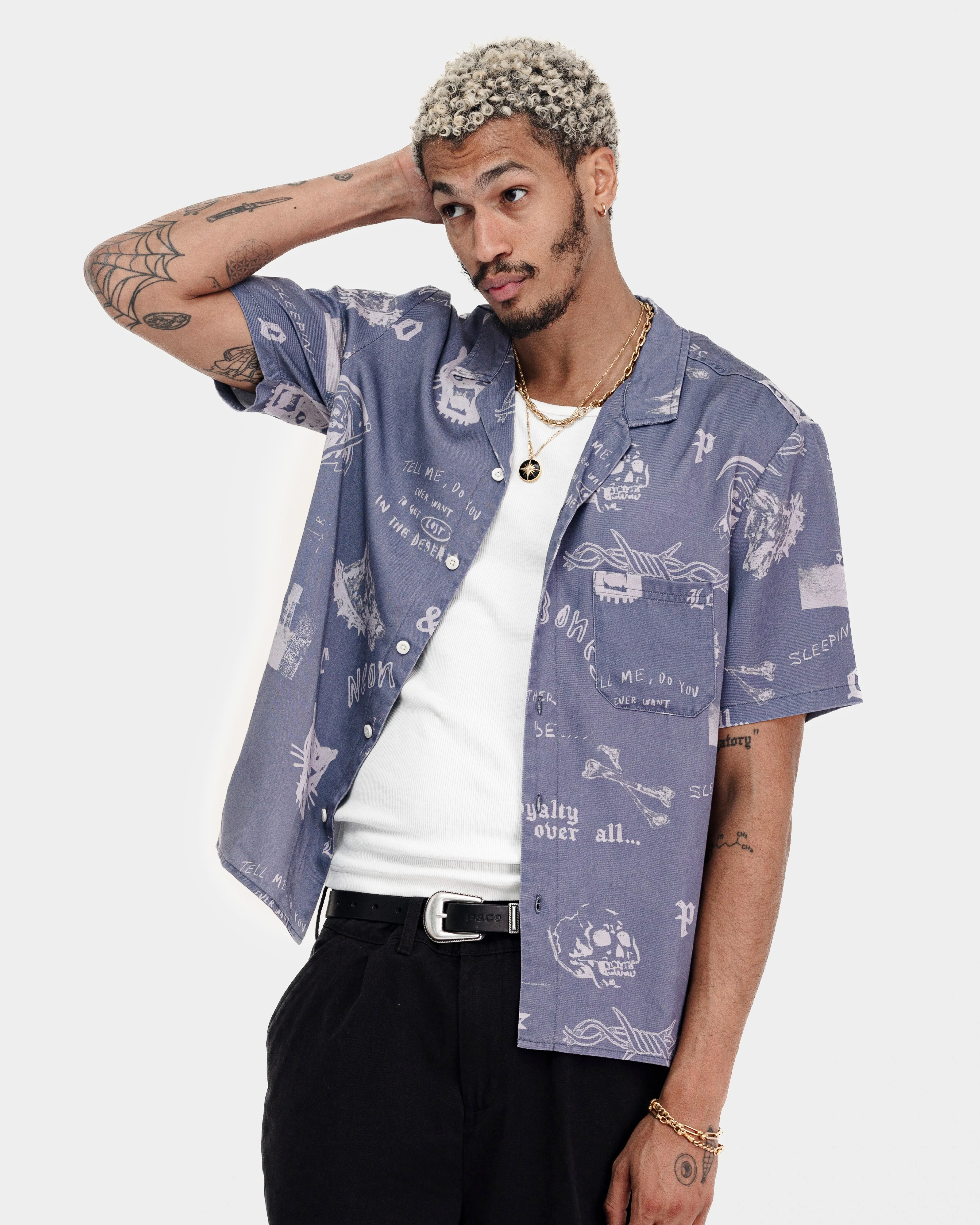 Neon Bones Bowling Shirt - Smoke Blue,Men Tops