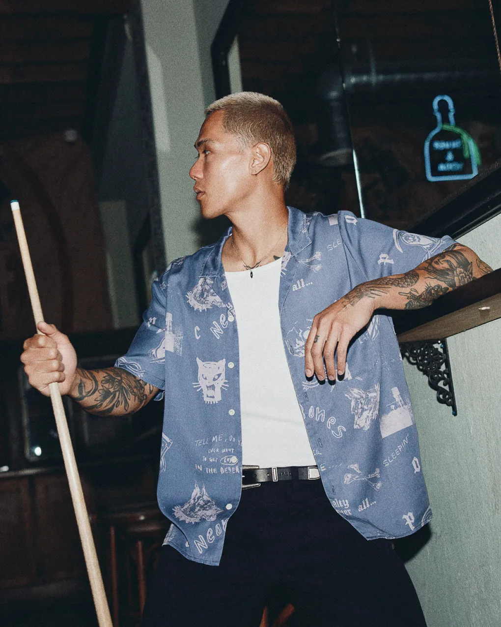 Neon Bones Bowling Shirt - Smoke Blue,Men Tops
