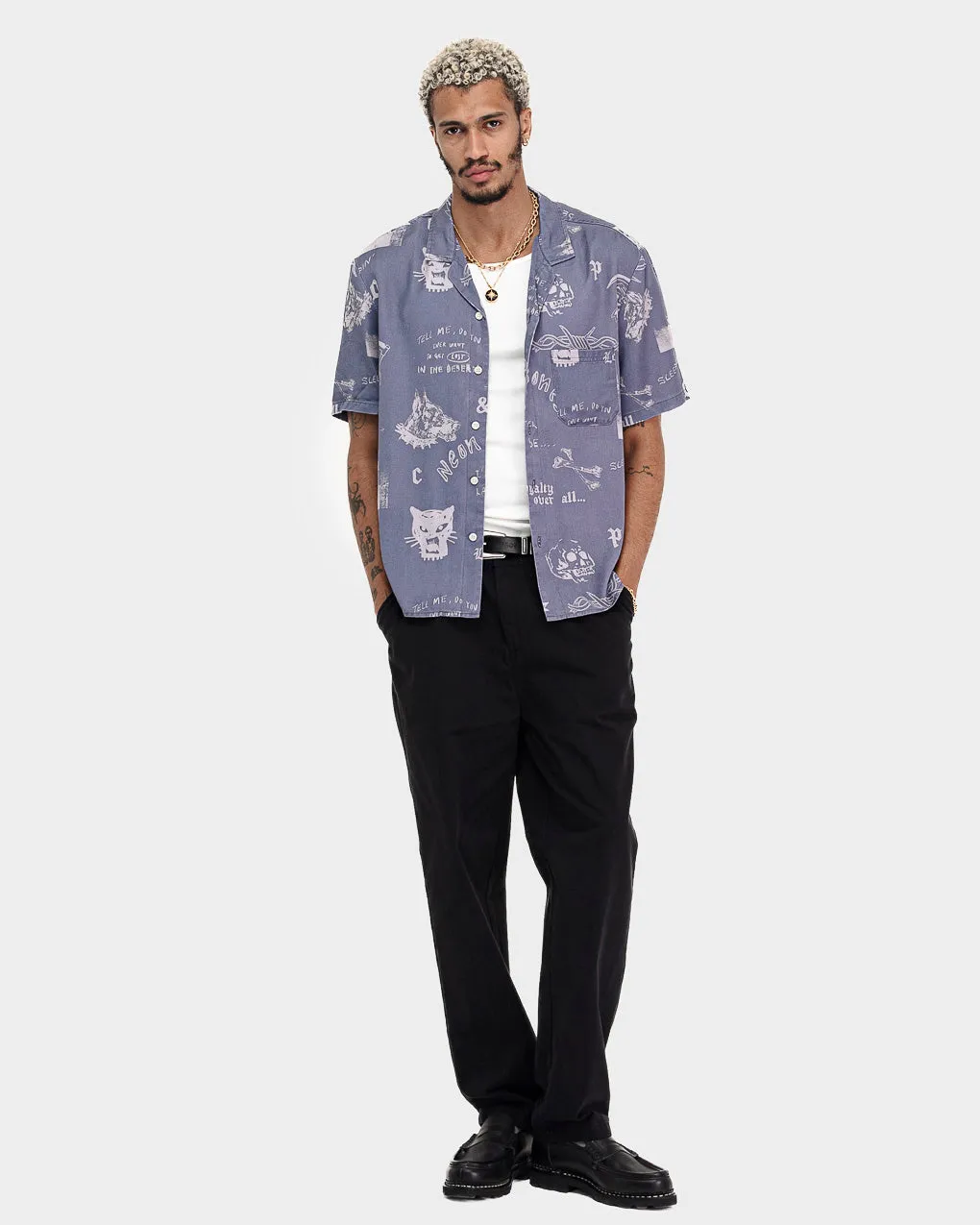 Neon Bones Bowling Shirt - Smoke Blue,Men Tops