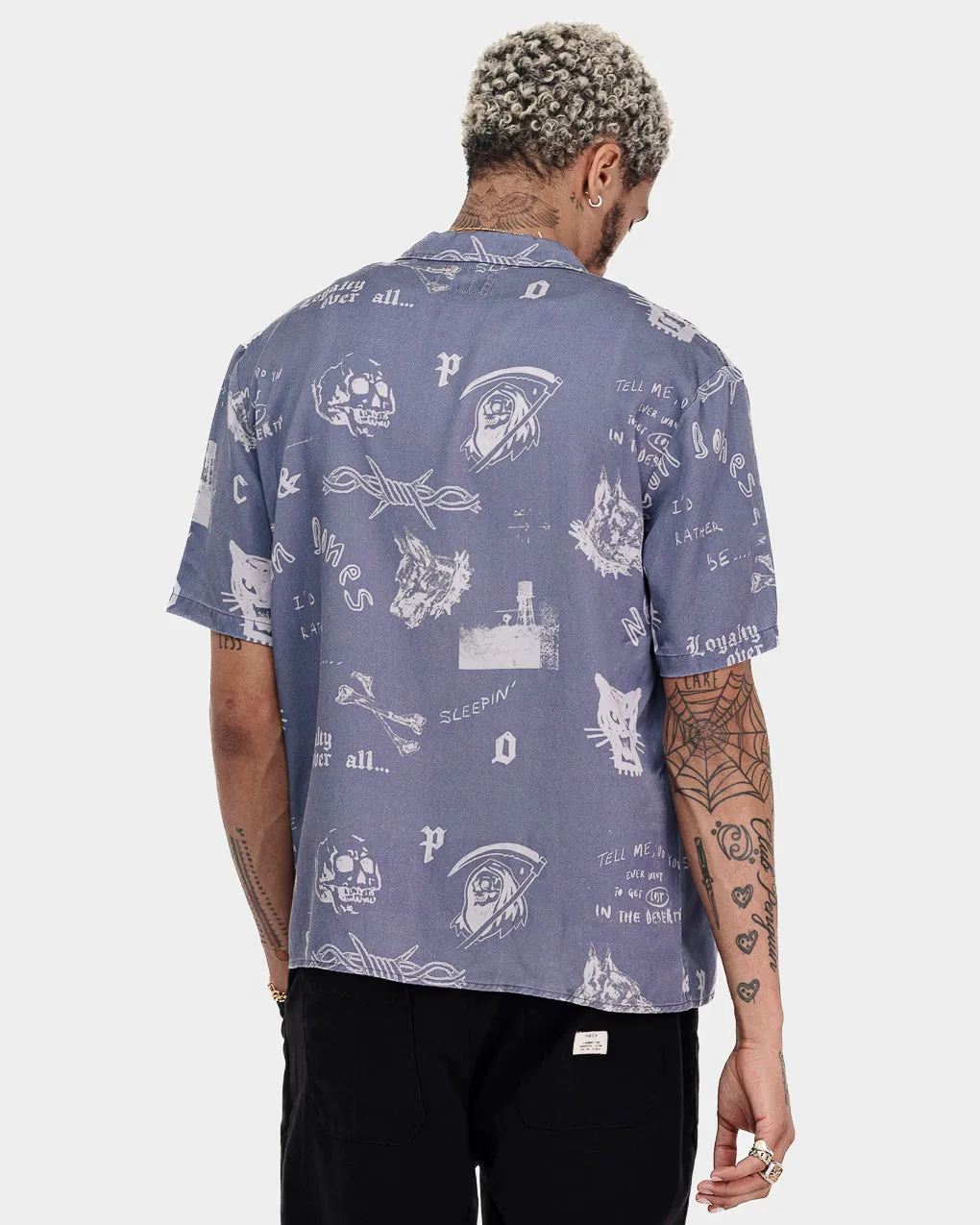Neon Bones Bowling Shirt - Smoke Blue,Men Tops
