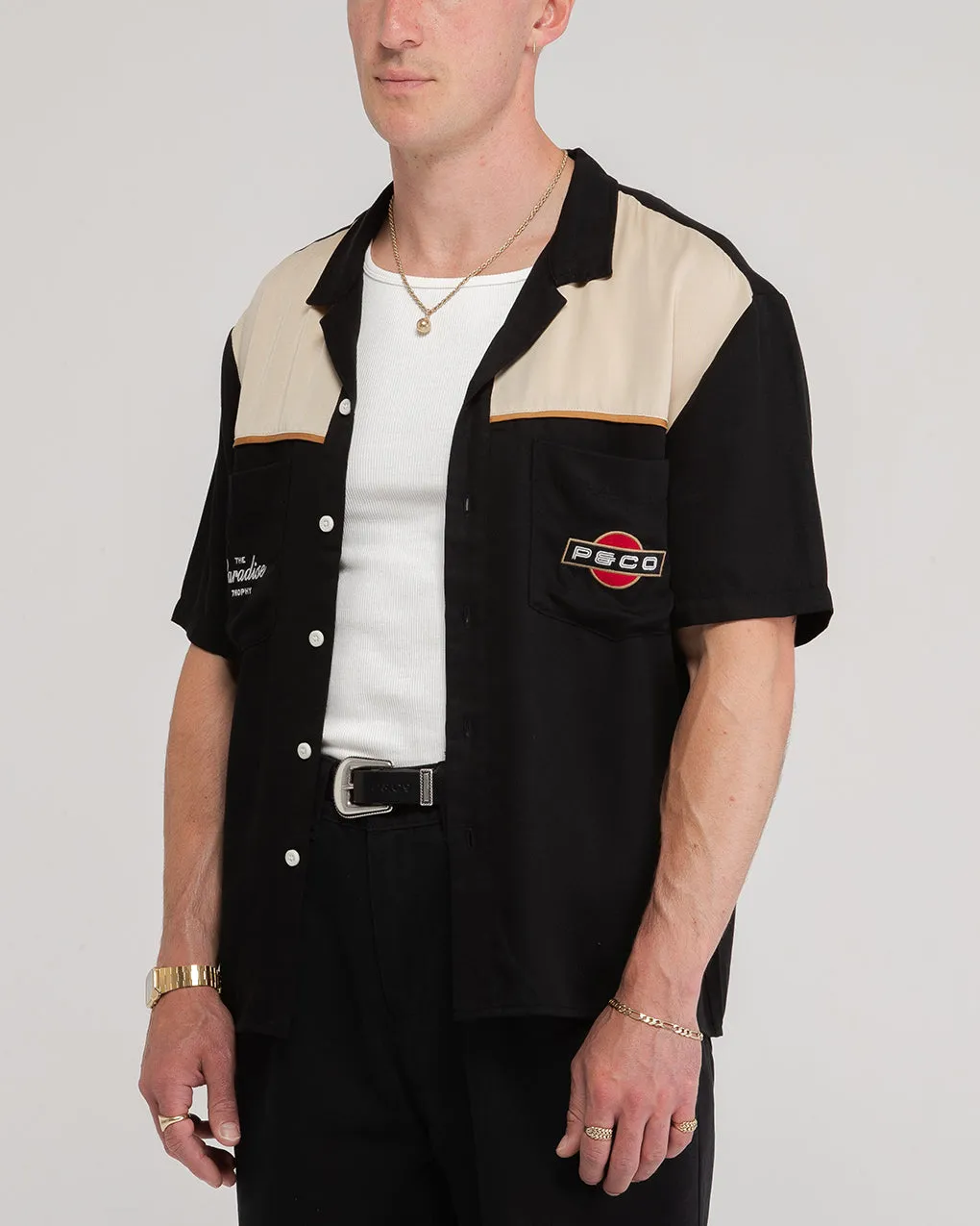 Paradise Trophy Bowling Shirt - Washed Black,Men Tops