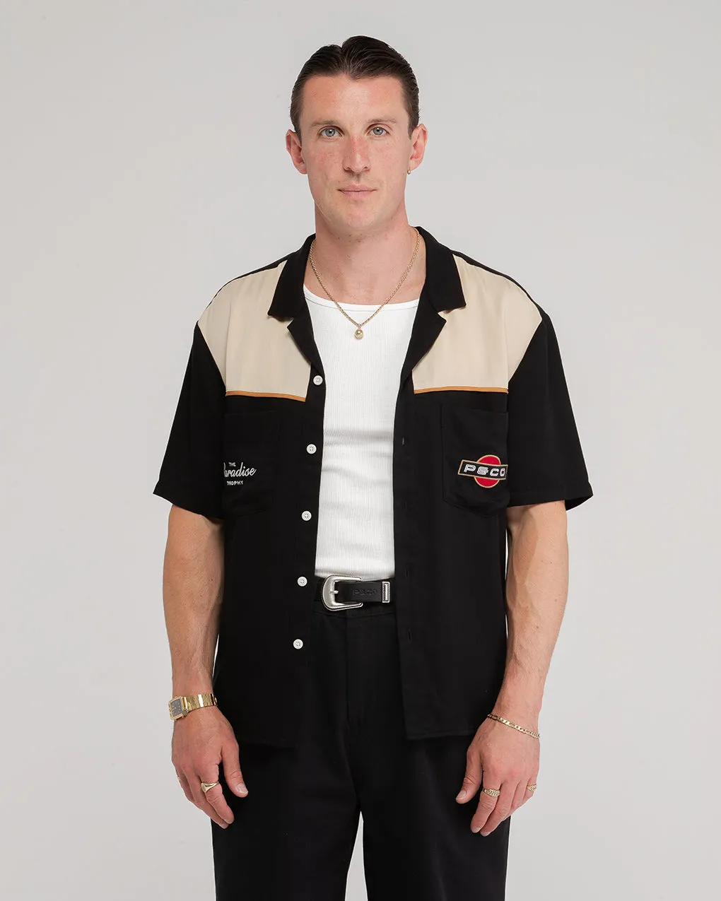 Paradise Trophy Bowling Shirt - Washed Black,Men Tops