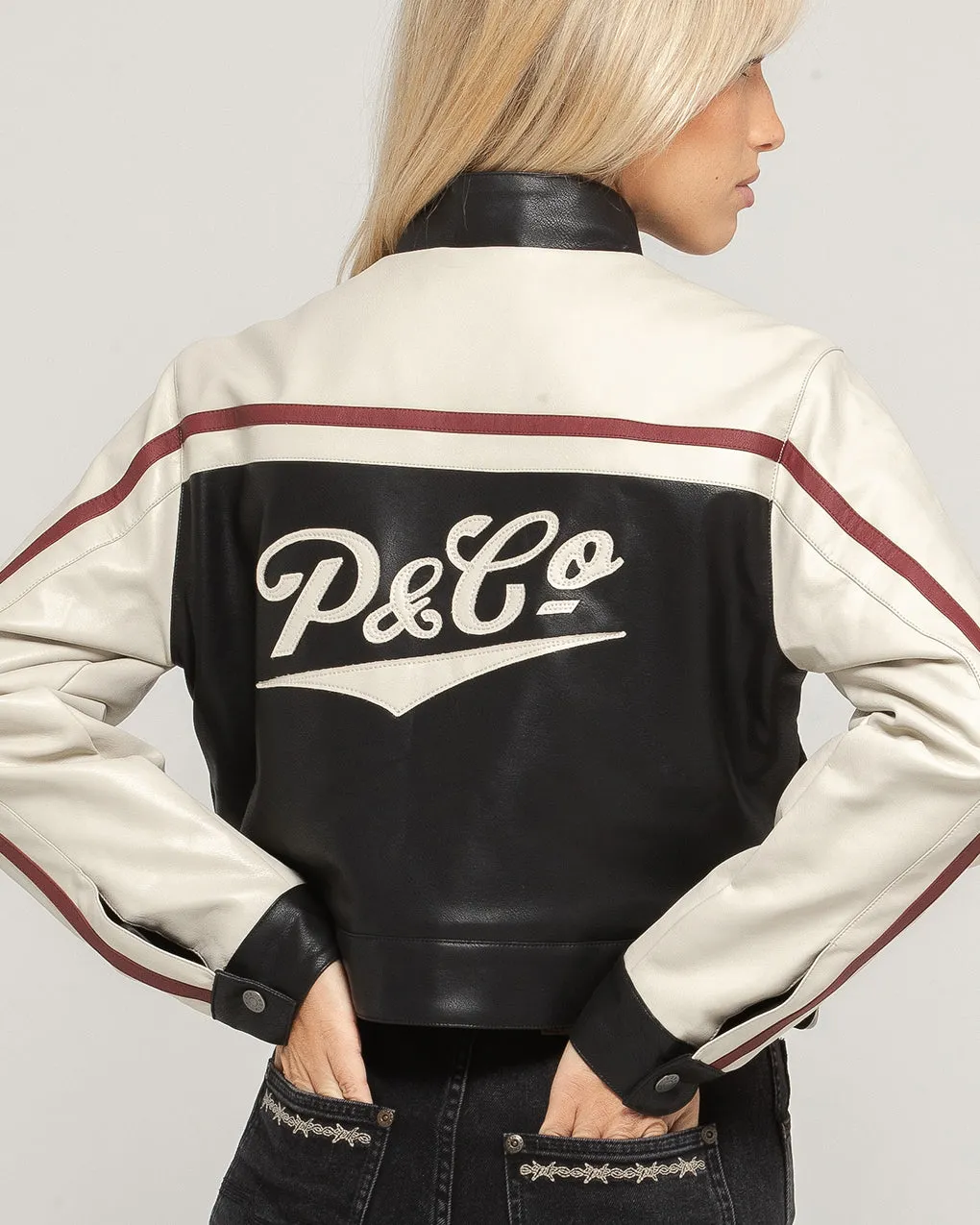 Racing Team Biker Jacket - Black & Ecru,Women Tops