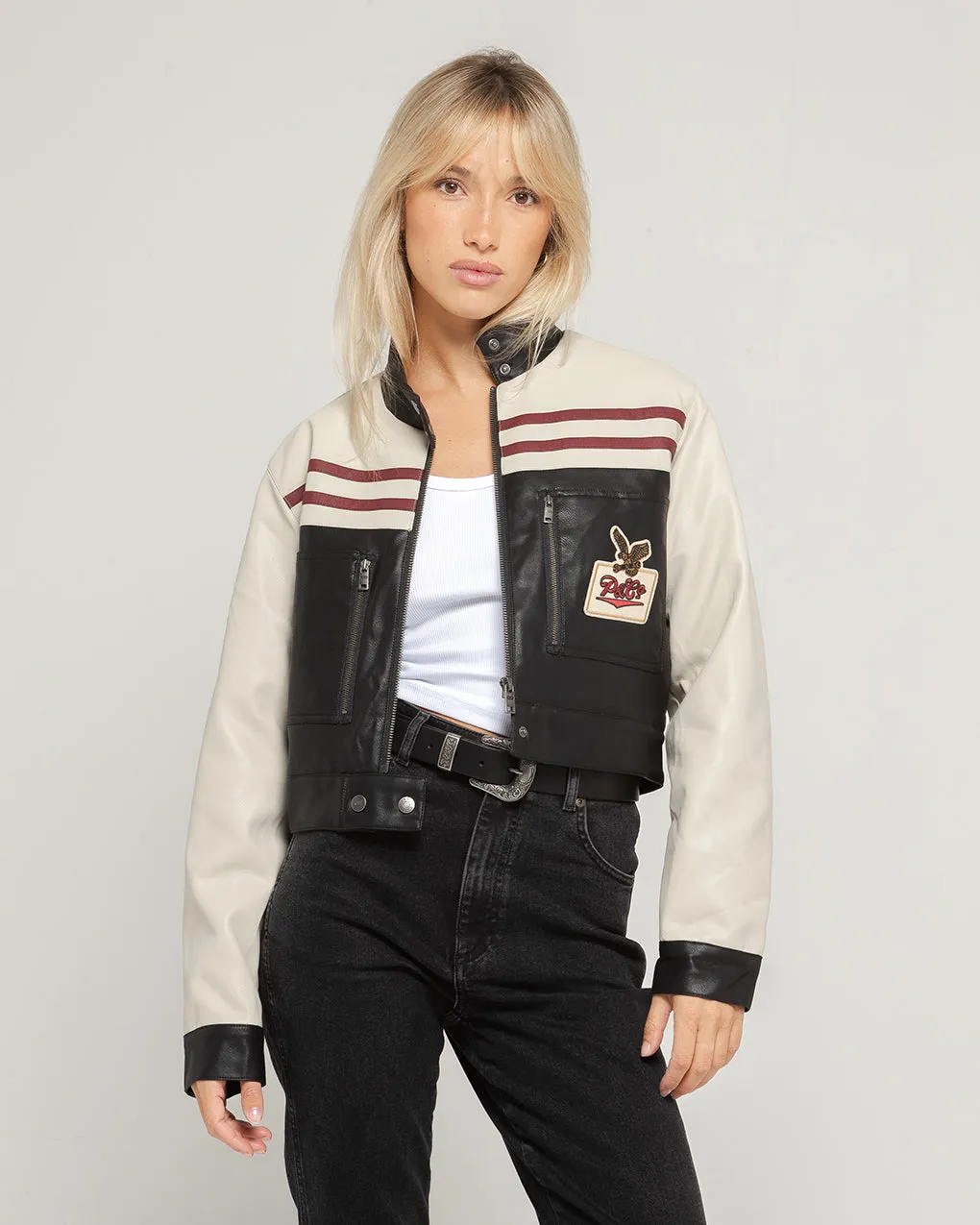 Racing Team Biker Jacket - Black & Ecru,Women Tops