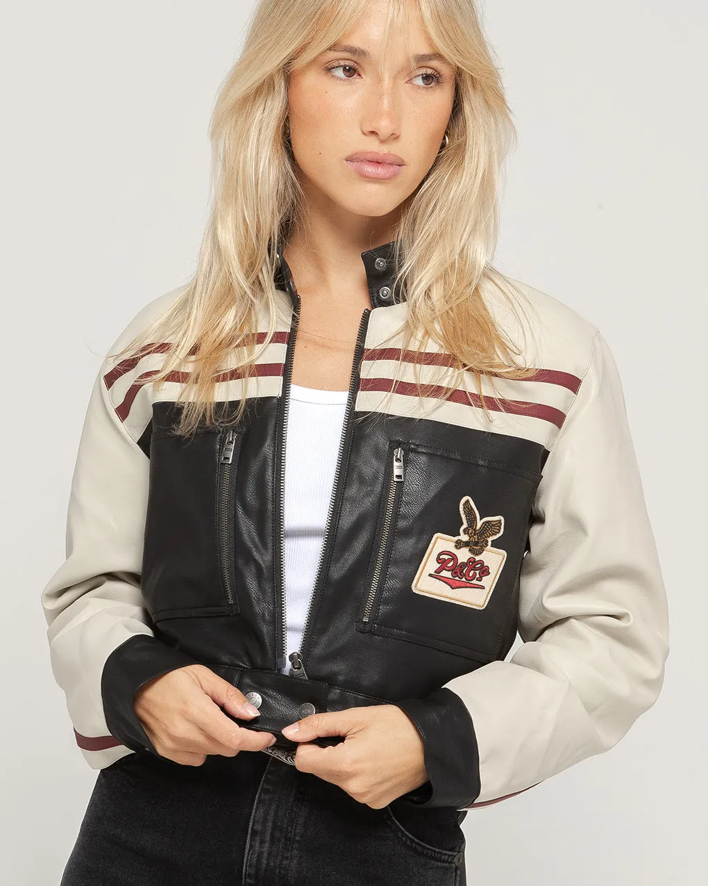 Racing Team Biker Jacket - Black & Ecru,Women Tops