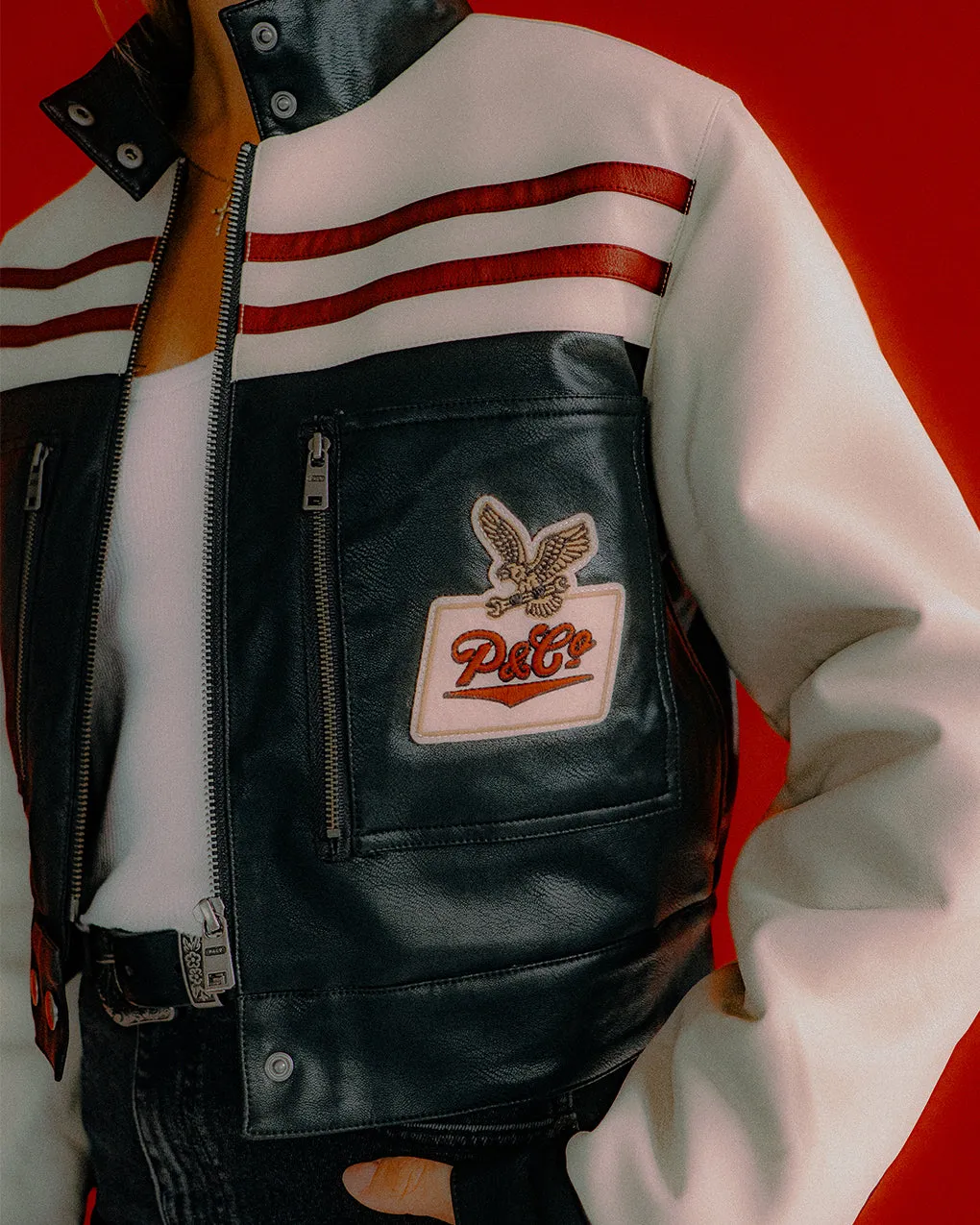 Racing Team Biker Jacket - Black & Ecru,Women Tops