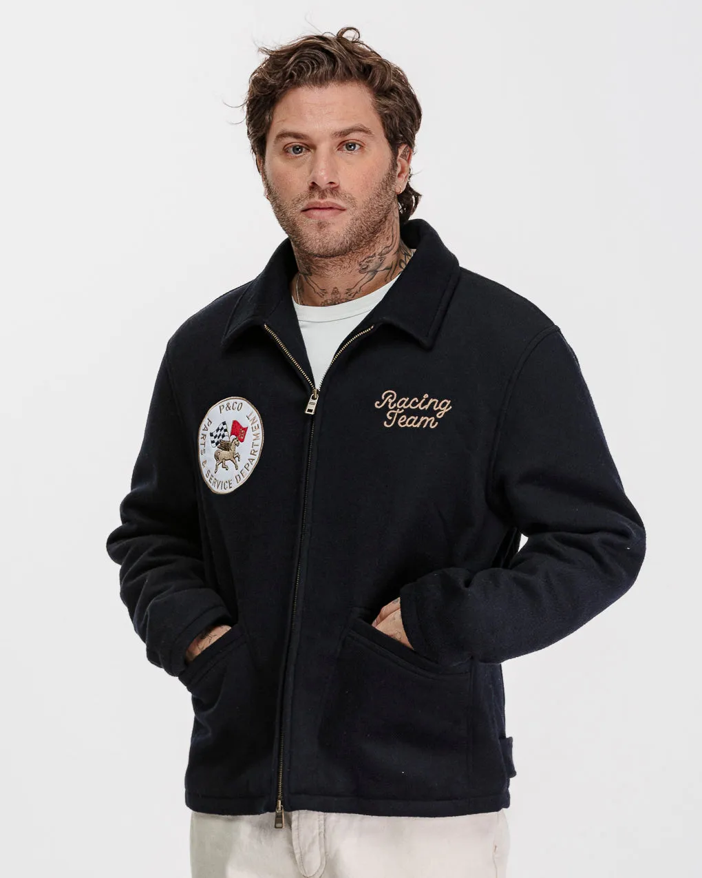 Racing Team Wool Sports Jacket - Navy,Men Tops