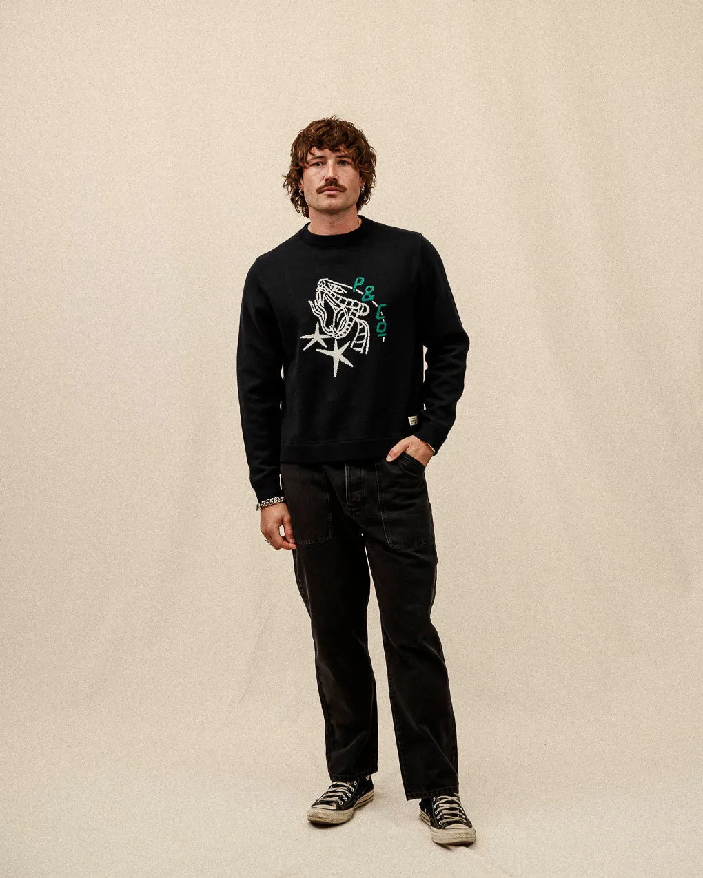 Snake Bite Knit Jumper - Washed Black,Men Tops