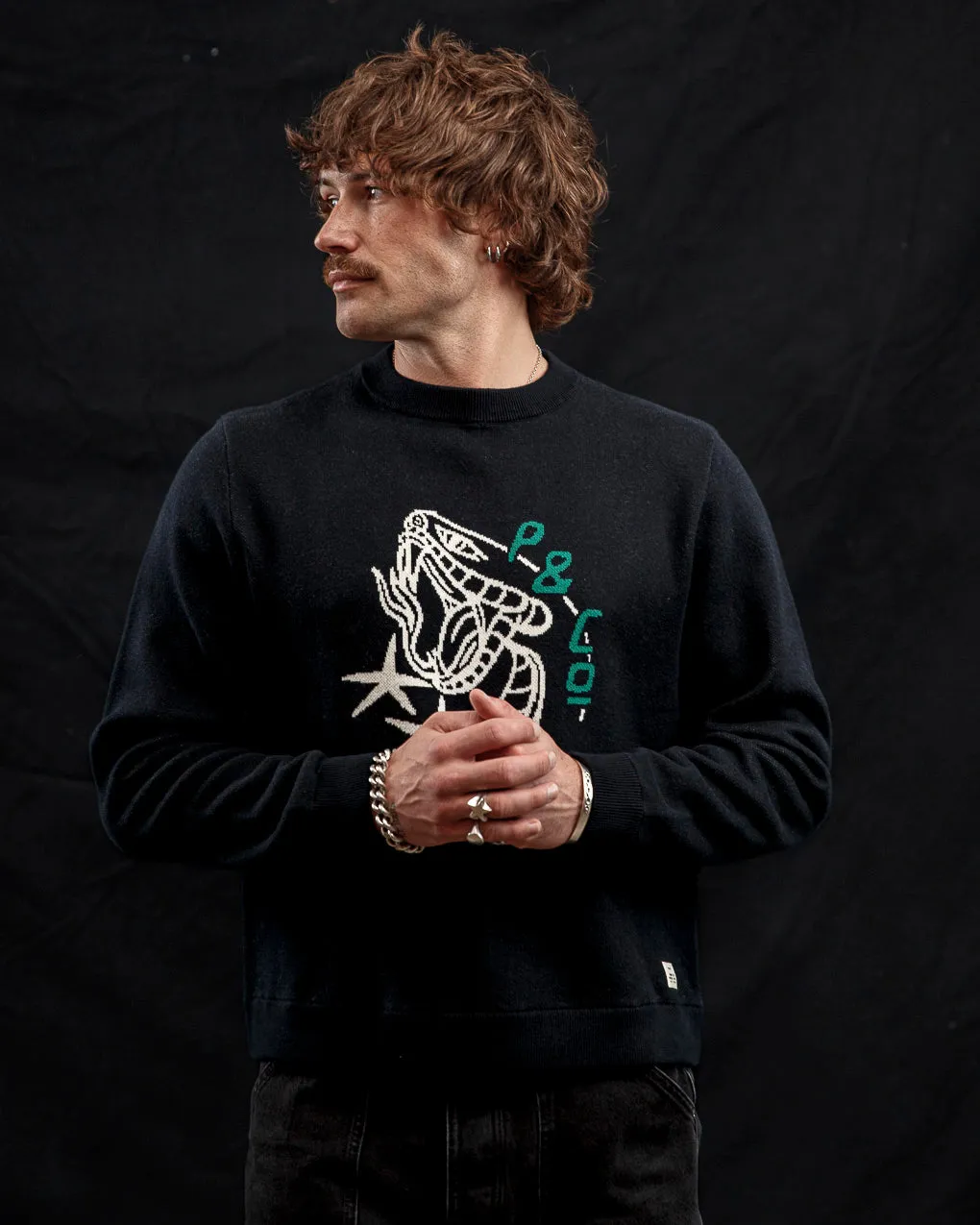 Snake Bite Knit Jumper - Washed Black,Men Tops