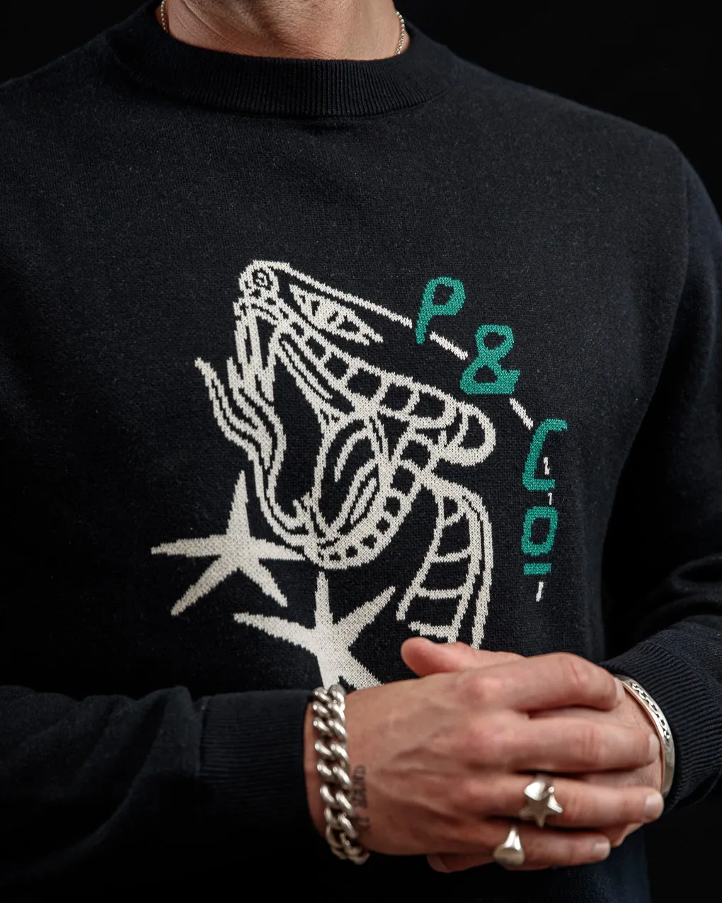 Snake Bite Knit Jumper - Washed Black,Men Tops