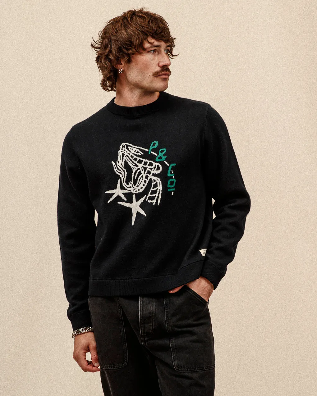 Snake Bite Knit Jumper - Washed Black,Men Tops