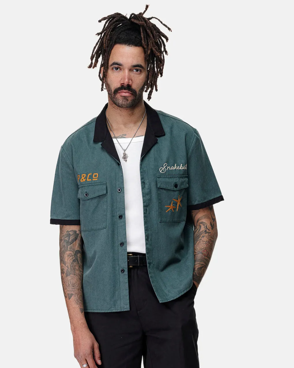 Snakebite Sally's Bowling Shirt - Petrol Green,Men Tops