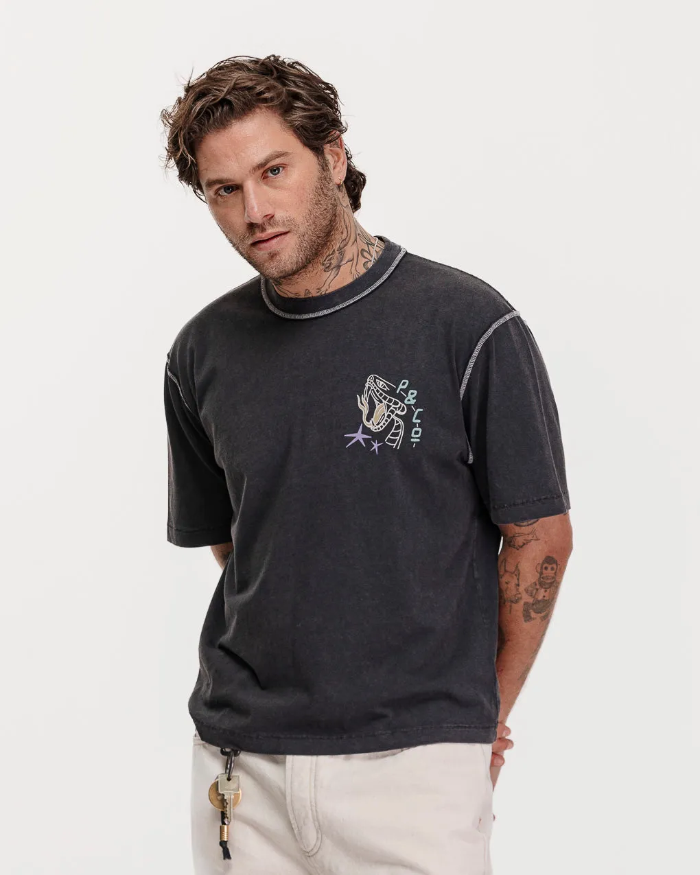 Snakebite Sally's Boxy T-Shirt - Acid Wash,Men Tops