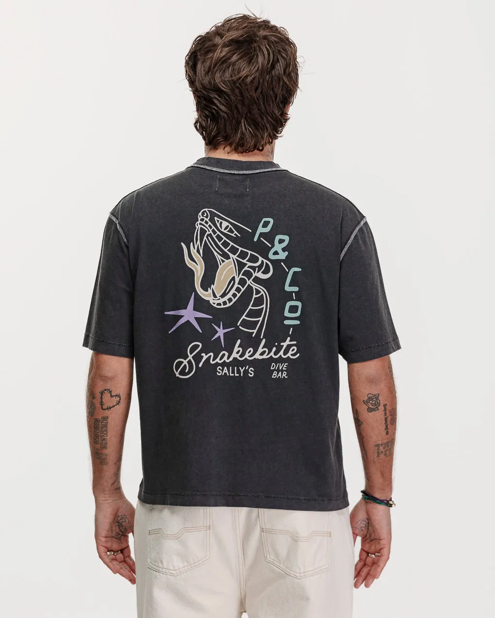 Snakebite Sally's Boxy T-Shirt - Acid Wash,Men Tops