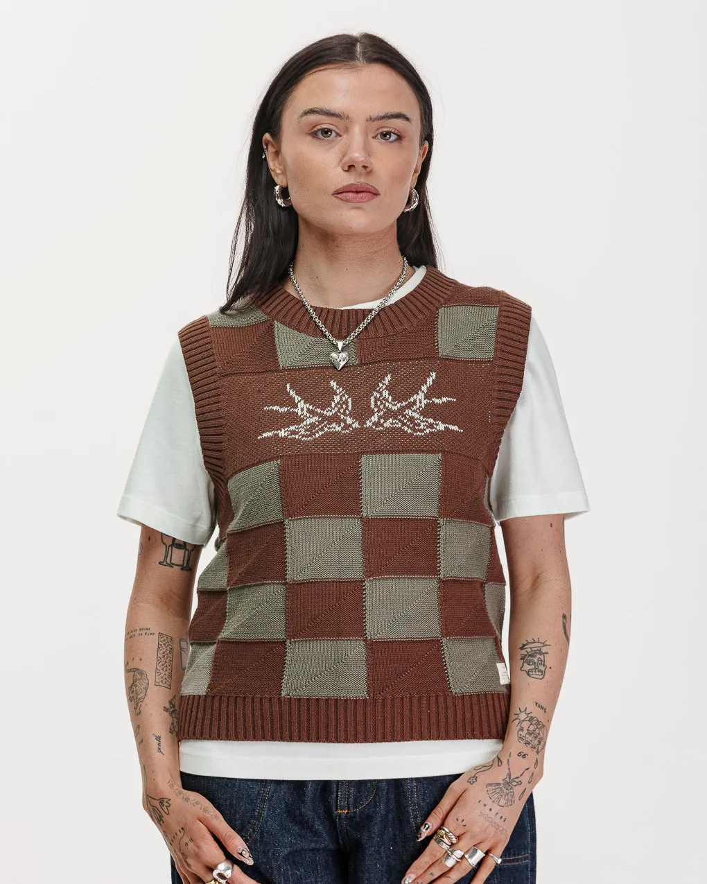Sparrow Knitted Vest - Olive Checkerboard,Women Tops