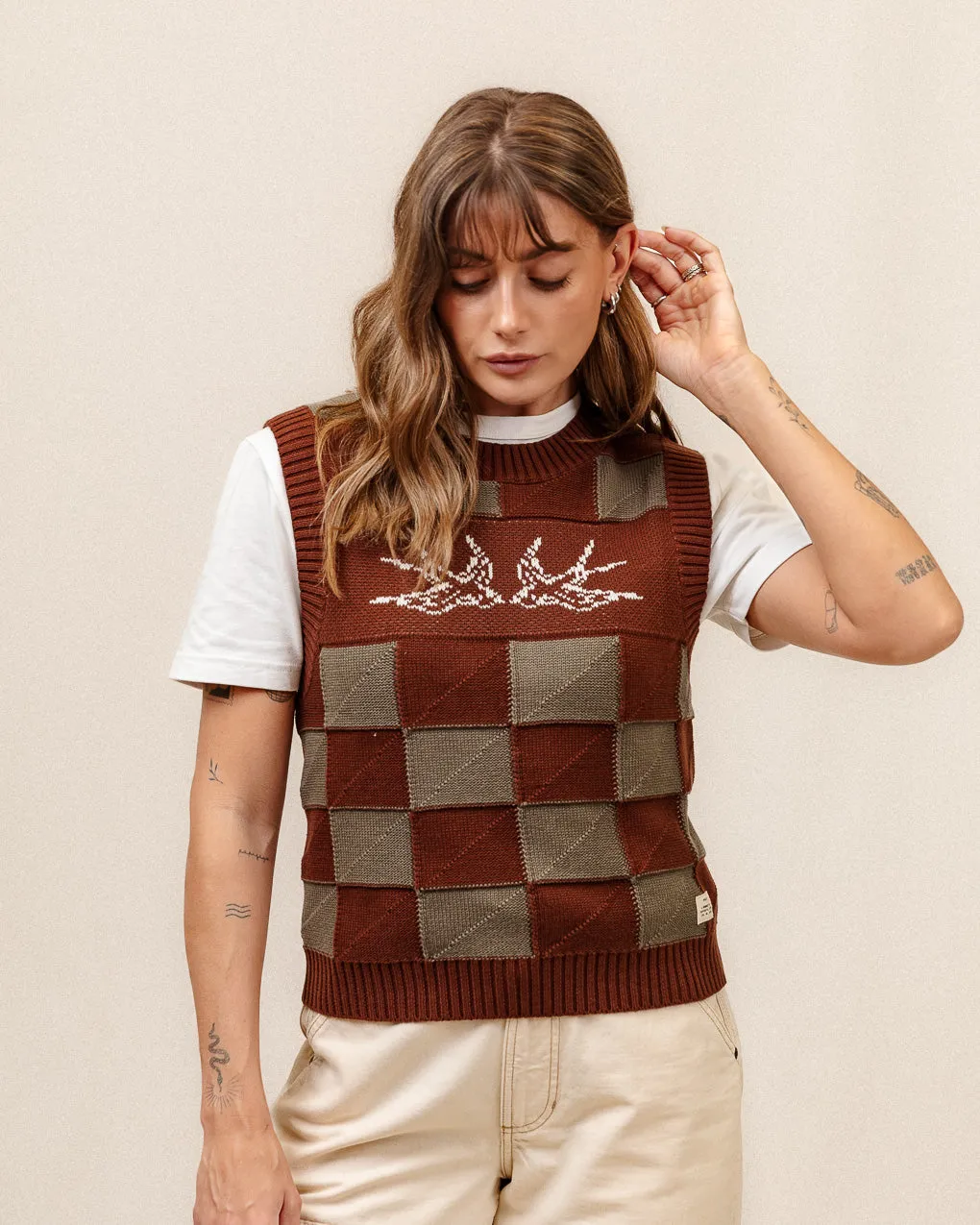 Sparrow Knitted Vest - Olive Checkerboard,Women Tops