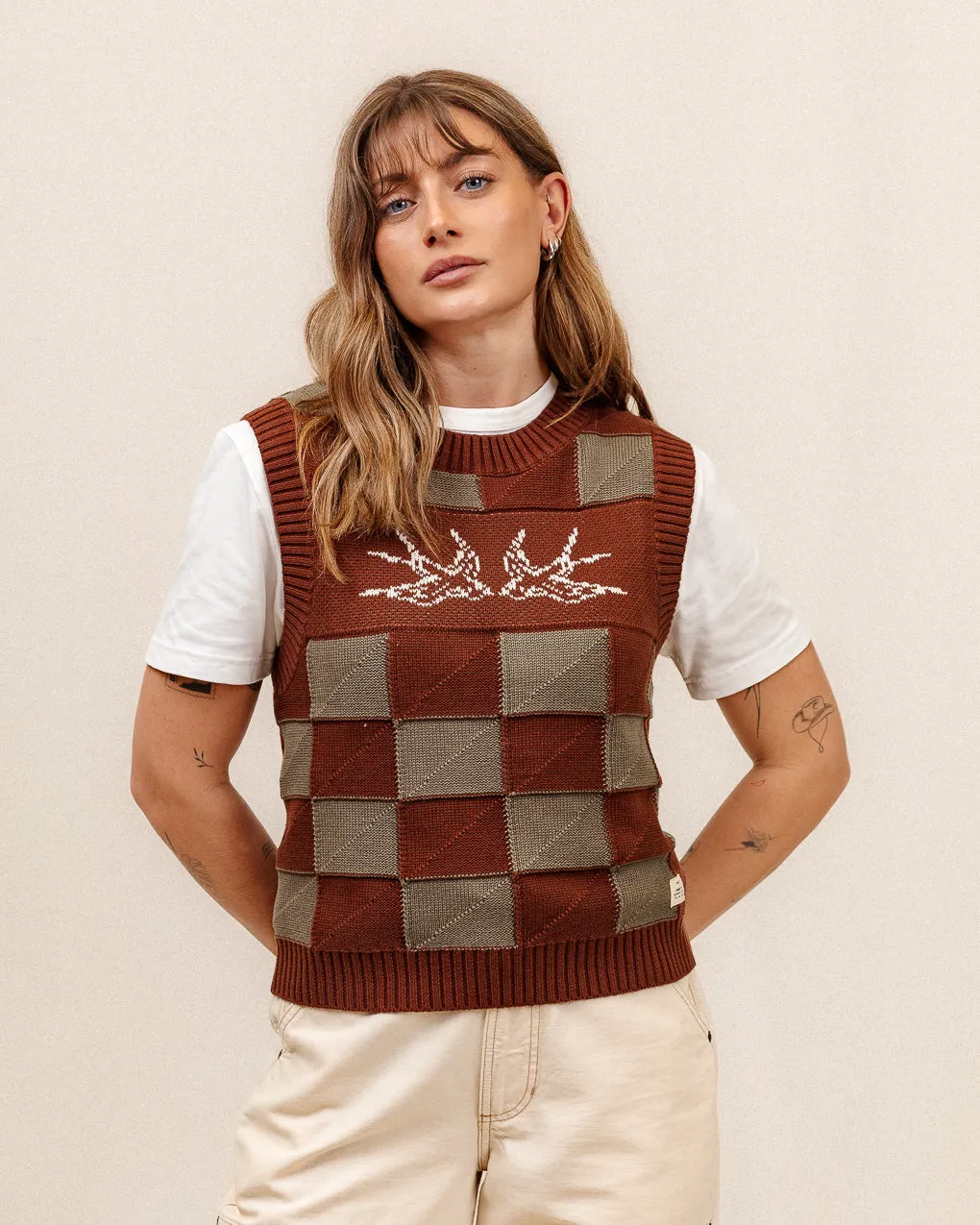 Sparrow Knitted Vest - Olive Checkerboard,Women Tops