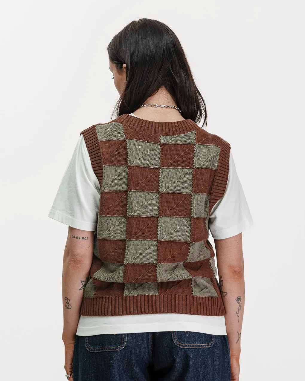 Sparrow Knitted Vest - Olive Checkerboard,Women Tops