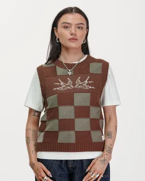 Sparrow Knitted Vest - Olive Checkerboard,Women Tops
