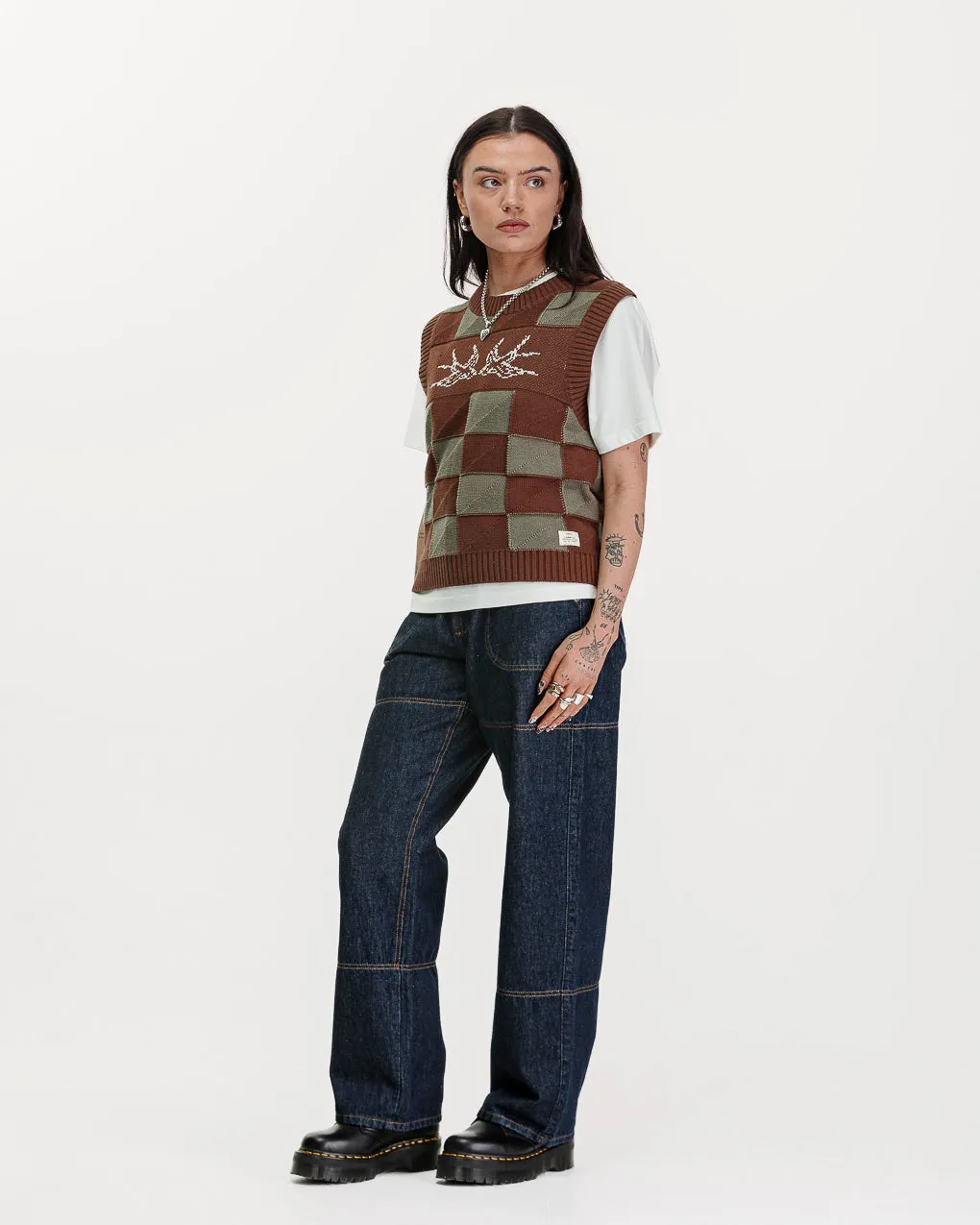 Sparrow Knitted Vest - Olive Checkerboard,Women Tops