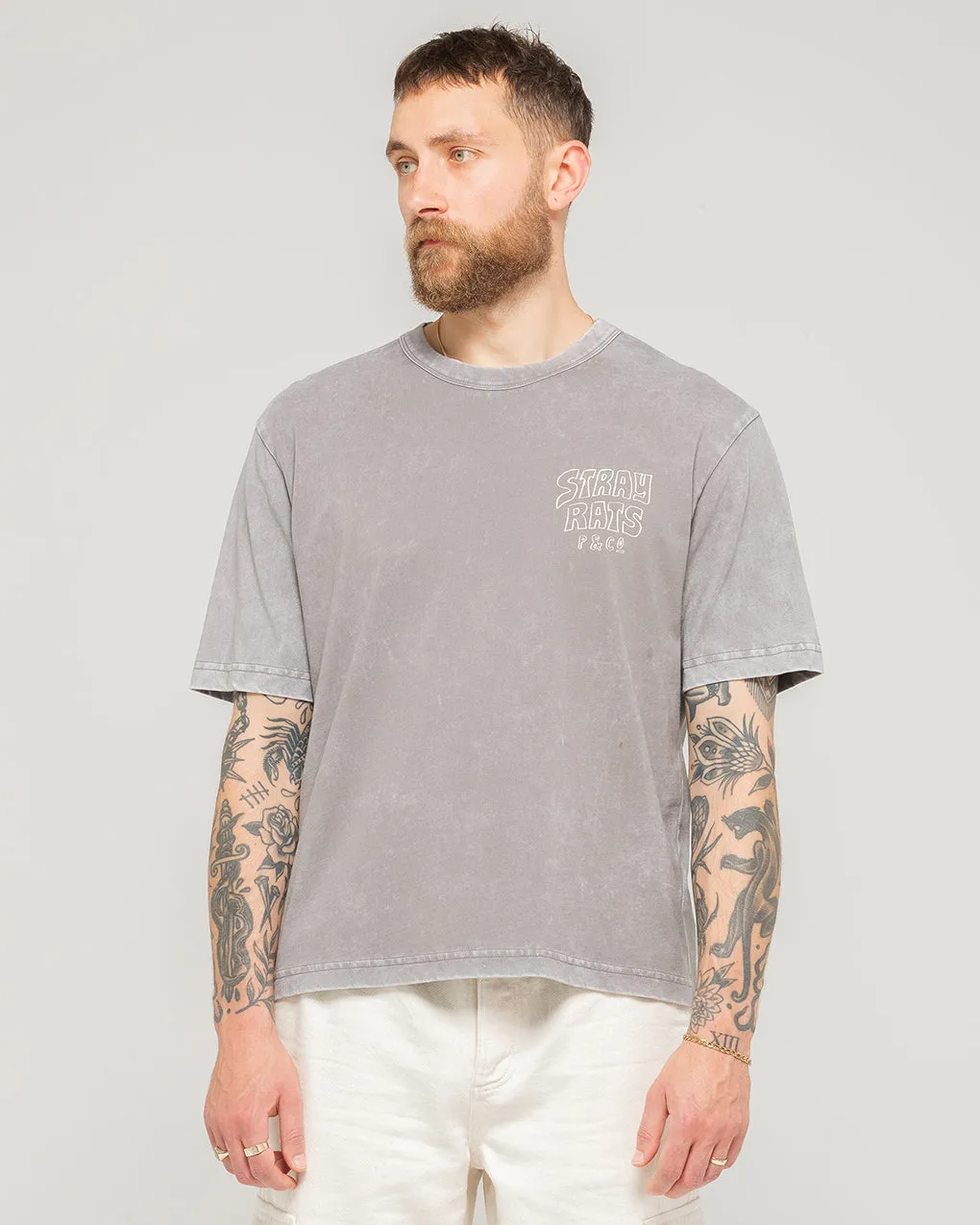 Stray Rats Boxy T-Shirt - Washed Grey,Men Tops