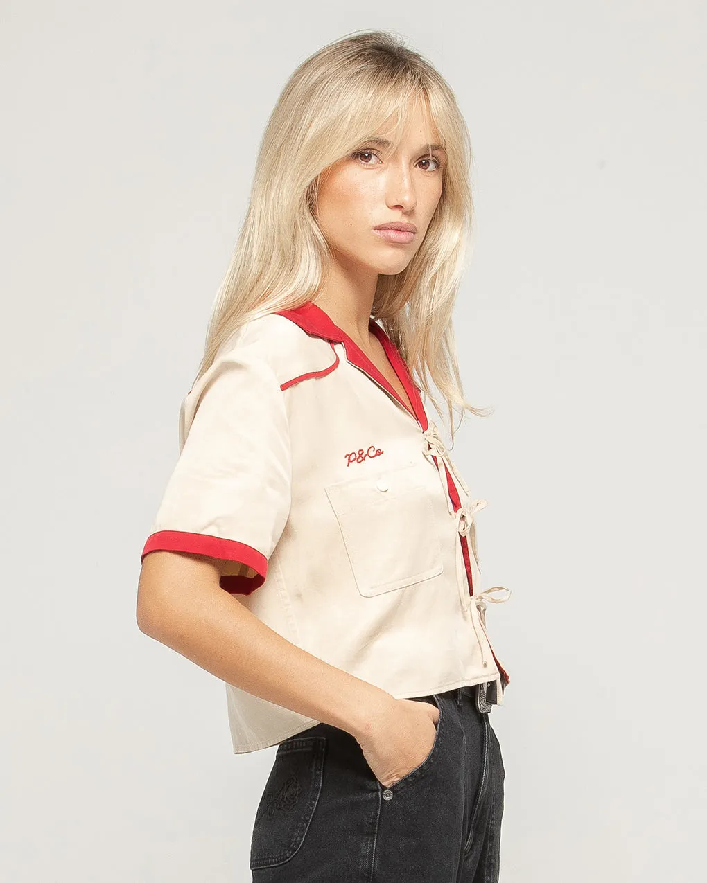 Wildflower Bow-Tie Cropped Shirt - Bone,Women Tops